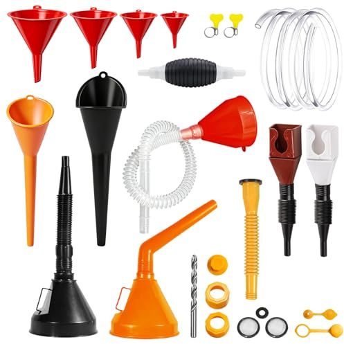 Seconero 19 Pcs Automotive Funnel Set & Gas Can Spout Replacement | Long Mouth Funnel with Detachable Spout, Flexible Right Angle Plastic Funnels, Wide Mouth Fuel Funnels Gasoline