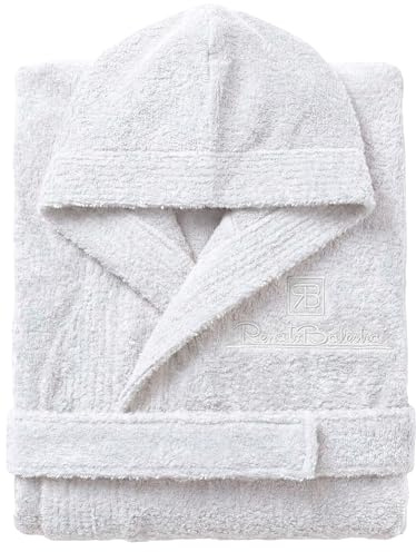 o-day Renato Balestra Peignoir en éponge pour homme avec capuche, poches et ceinture, peignoir doux en coton pour femme, tailles M-XXL, Blanc, XL