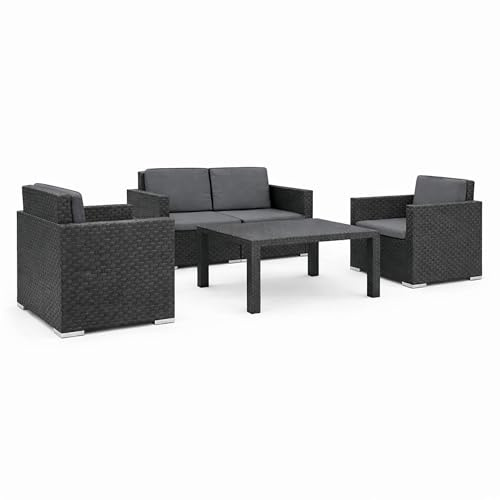 Bestlivings Lounge Set 4-teilig in Rattan-Optik Anthrazit – Gartenmöbel Sitzgruppe mit 2 Sesseln, 2-Sitzer Sofa und Tisch für Balkon & Terrasse