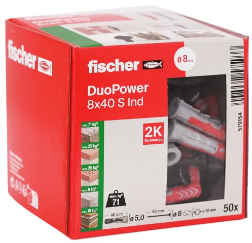 fischer DuoPower 8 x 40 S mit schwarz verzinkten Schrauben im Industriedesign, Universaldübel, 2K-Dübel für Beton, Vollstein, Lochstein und Gipskarton, 50 Dübel + 50 Schrauben