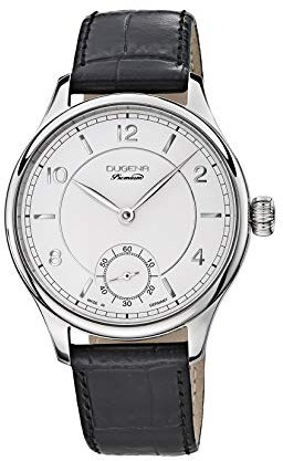 Dugena Herren-Armbanduhr 7000114 Epsilon 7, Handaufzug, Silber-weißes Zifferblatt, Edelstahlgehäuse mit Glasboden, Saphirglas, Lederarmband, Dornschließe, 5 bar