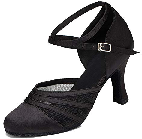 MINITOO Damen Latin Salsa Ankle Strap Schwarz Satin Tanzschuhe Abendschuhe EU 42