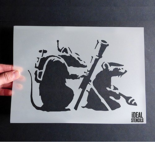 Banksy Mortier Bombe Rats Différentes Tailles Peinture Murs, Tissu & Meubles Ideal Stencils - 24x37cm
