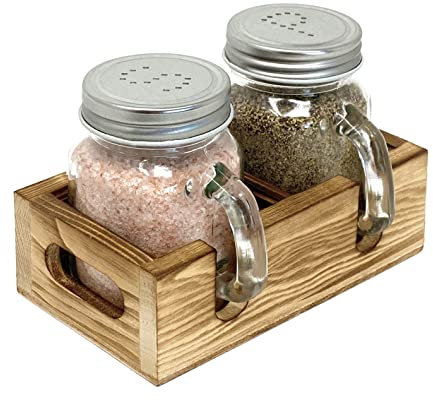Mason Jar Salière et poivrière en verre avec support en bois, facile à nettoyer et à remplir pour table de cuisine de ferme, maison et cadeaux
