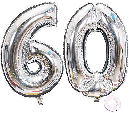Jurxy Luftballon Zahl 60 Silber Geburtstag Folienballon Helium Folie Luftballons für Geburtstag Jubiläum 40 Zoll - Riesenzahlen #60