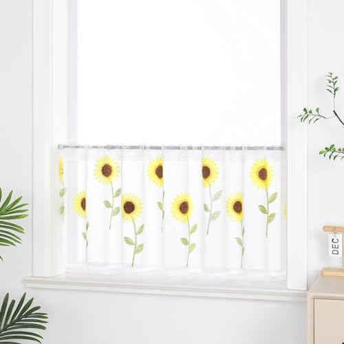 ESLIR Bestickte Küche Gardine Scheibengardine Tunnelzug Bistrogardine Landhaus Kurzgardine Halbtransparent Leinen HxB 30x90cm 1 Stück