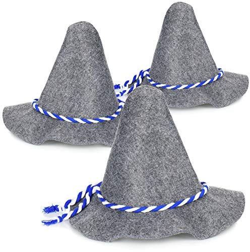 com-four® 3x Seppelhut Filz, Ø 42 x 34 cm traditioneller Filzhut für Oktoberfest, Karneval oder Fasching, großer Trachten-Hut aus Filz mit blau/weißer Kordel (03 Stück - Seppelhut groß)