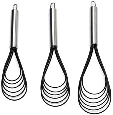 Jell-Cell Lot de 3 fouets plats en acier inoxydable 25,4 cm + 27,9 cm + 30,5 cm avec 6 têtes en silicone anti-adhésives pour mélanger, battre et mélanger la cuisine Noir