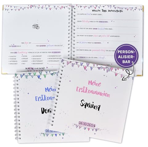 Personalisiertes Gästebuch zur Erstkommunion, Konfirmation, Firmung, Jugendweihe mit vorgedruckten Fragen für die Gäste zum Ausfüllen, Erinnerungsbuch Kommunion mit Wimpel, Gästebuch mit Fragen