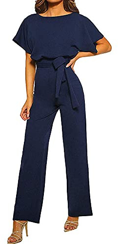 Coloody Damen Lang Jumpsuit Overall Hosenanzug Elegant Romper Kurzarm Rundhals Playsuit mit Gürtel Hosenanzug Breite Weites Bein Overall Blue XL