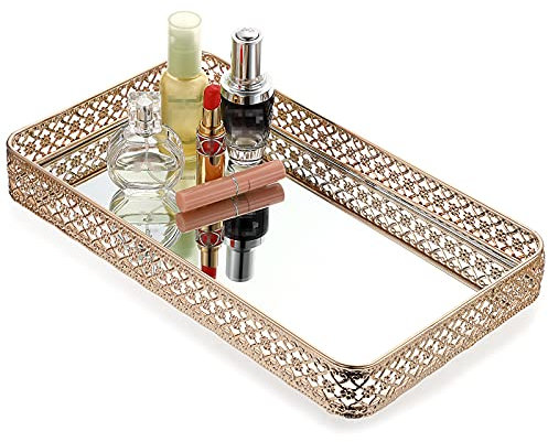 ELLDOO Gold Perfume Tray Mirror Tray Makeup Vanity Tray Hollow-Carved Jewelry Tray Glass Metal Trinket Storage Tray Home Organizer Decorative Tray for for Dresser Bathroom Countertop, Large Size