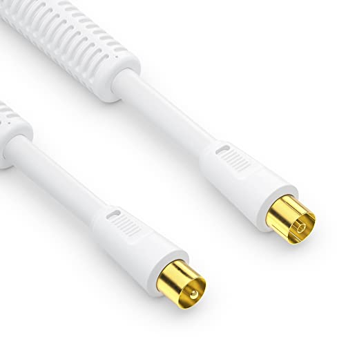 conecto Câble d'antenne SAT Câble coaxial Câble de satellite TV 2,0m 4 fois blindé Connecteur IEC avec ferrite, pour HDTV, récepteur, satellite, DAB, radio, blanc
