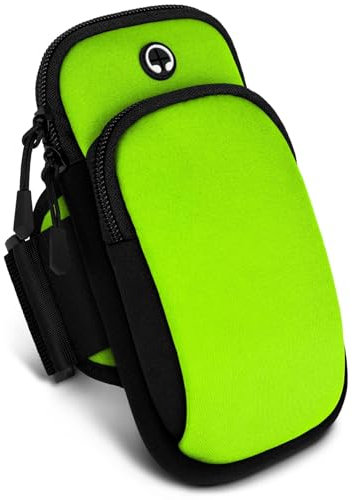 ONEFLOW Brazalete deportivo prémium para correr compatible con Apple iPhone 13 | Bolsa para correr para smartphone, funda suave, 2 compartimentos, soporte para teléfono móvil, color verde
