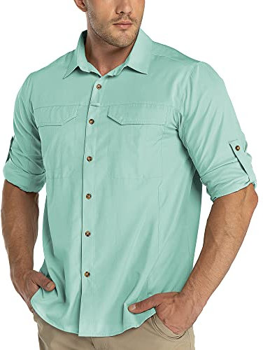 33,000ft Men's Long Sleeve Hiking Shirt Lightweight Quick Dry UV Button Shirts with Pockets Outdoor Shirts for Safari Walking Fishing Mint Green L