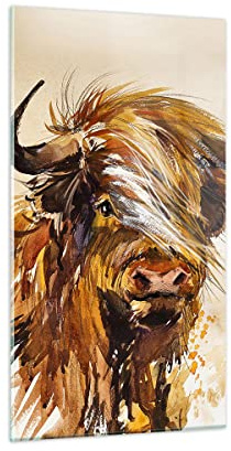 Glasbild 45x80 cm Wandbild Glasdruck Kunst Tiere - 4708 | Stier Scotch Aquarell Vertikal Klein Modern Dekoration Wohnzimmer Schlafzimmer Küche Wanddeko Kunstdruck Art ARTTOR