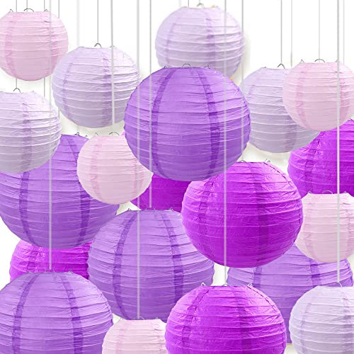 Newthinking 20PCS Hanging Paper Lanterns, 6 8 10 12 Round Purple Paper Lantern Decorations with Hanging Line for Weddings Decoration, Indoor and Garden Party Decoration