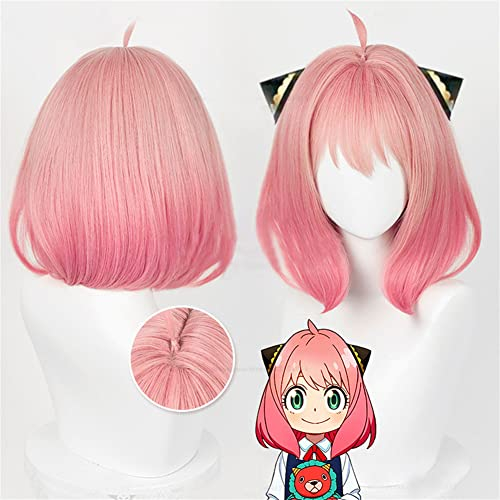 Anime SPY×FAMILY Anya Forger Cosplay Perücke Kurzes Rosa Gradient Halloween Party Perücken für Frauen und Mädchen (Perücken und Kopfschmuck)