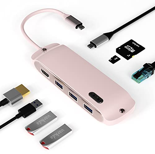 USB C Hub, USB C Adapter 8in1 Pink Harmonica mit 100 Gigabit RJ45 Ethernet, 3×USB, 4K HDMI, 100W PD und SD/TF, Docking Station, Kompatibel mit MacBook Pro & Air USB C Laptops und anderen Typ C Geräten