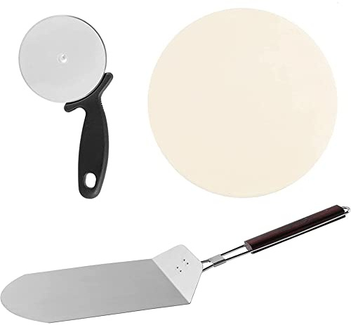 Shally Dogan Set 3 Pezzi per Pizza con Pala in Acciaio Inox Pieghevole e Manico in Legno, Tagliapizza Lama Rotonda e Pietra Refrattaria, Cottura Fino 800°C per Forni Fornelli Griglie a Carbone e Gas