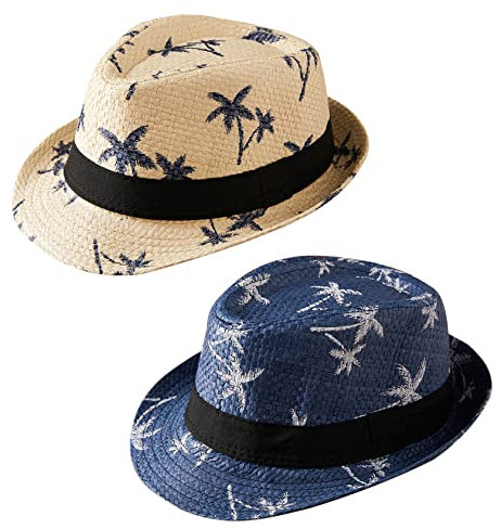 Happy Cherry 2 Pcs Chapeau de Paille Enfant Garçon Chapeau de Soleil Eté Anti-UV Chapeau Cowboy Panama pour Vacance Plage Voyage 54cm