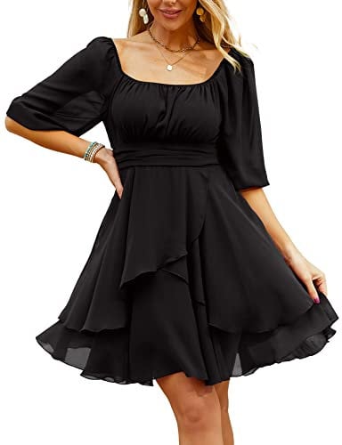 Beluring Ladies Summer Dress Puff Short Sleeve Elastic Waist Chiffon Short Mini Dress Black XXL