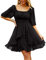 Beluring Ladies Summer Dress Puff Short Sleeve Elastic Waist Chiffon Short Mini Dress Black XXL
