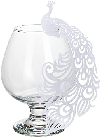 50 Pièces Carte de Verre Marque Place Forme de Paon Carte de Verre à Vin Carte Porte Table Nom Marque Place de Cartes pour Mariage Douche Bébé Saint-Communion Fête d'anniversaire, Blanc