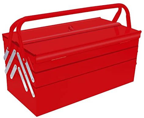 MANUFORE Large Metal Tool Box 16.5 x 8.5 x 8'' Folding Tool Storage Box, 3 Level and 5-Tray, with A Hole for Locking Red