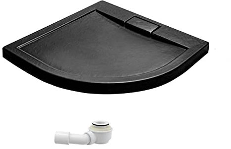 ECOLAM® Duschwanne Duschtasse flach Axim Viertelkreis 90x90 x4,5 cm Tiefe 2,5 cm R55, Acryl schwarz+ Siphon Steinoptik bodenebene Montage möglich Stone Efffect Stein Effekt