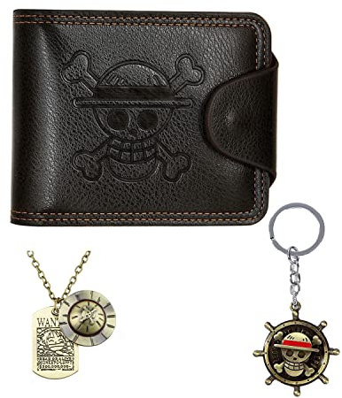 Bigemo 1 Stück Geldbörse Luffy Anime Geldbörse Strohhut Piraten Jolly Roger Anime Geldbörse mit 1 Stück Luffy Skelett Anhänger Halskette & Luffy Schlüsselanhänger für Männer Jungen Mädchen Frauen