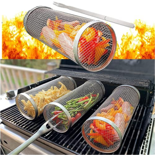 Rolling Grillkorb Zylindrischer Grillkorb Edelstahl mit Grillgabel, BBQ Grillrolle Grill Korb Grill Rack Grillen von Gemüse, Fisch, Fleisch Grillkorb Zylinder (1Stück, L (30CM))