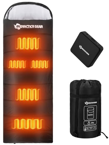ANTARCTICA GEAR Heated Sleeping Bag, 5pcs Heating Areas Sleeping Bags with 16000mAh 12V Battery Pack, 3 Adjustable Heating Levels Cold Weather Sleeping Bag for All Season Hiking & Camping
