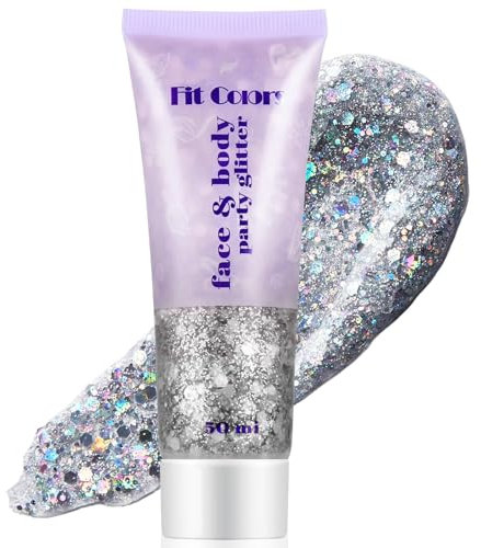 BoloShine Gel Paillettes Visage Festival, Paillette Corps Cheveux, Liquide Sequins Glitter pour Cosmétique Lèvres Ongles Fête Accessoire Festival Femme Maquillage 50ML (Argenté)