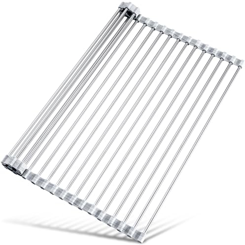 Tomorotec Escurridor de Platos Enrollable de Acero Inoxidable con Bordes de Silicona, Plegable, Resistente al Calor, soporta hasta 70 Libras, Apto para Alimentos, 45 x 40 cm (mármol)