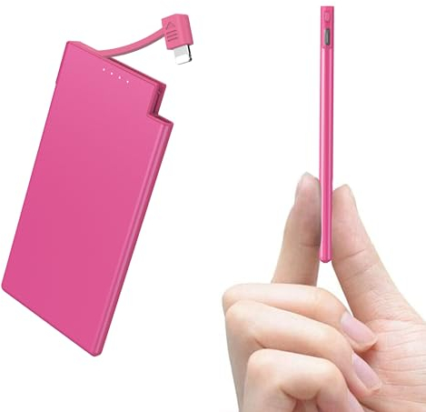 Auskang 5000mAh Power Bank with built-in Charging Cable, Ultra Slim and Super Lightweight Portable Charger Small External Battery, Compatible with iphone (Excluding iPhone 15 series)- Pink