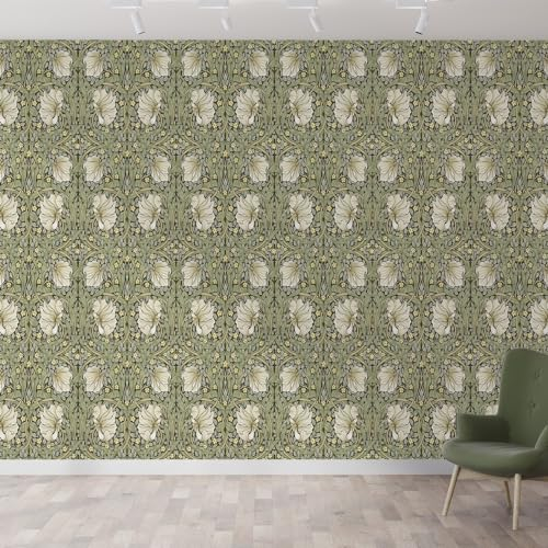 Fchen art William Morris – Papier peint mural vintage floral en vinyle à décoller et à coller – Autocollants muraux rustiques de ferme – Motif botanique vert sauge et jaune – Pour décoration de