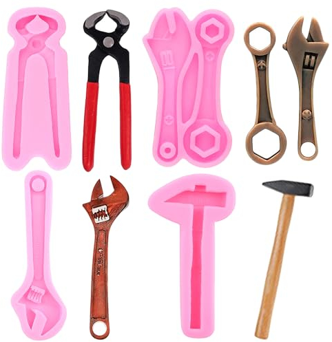 RFGHAC Lot de 4 moules à main en silicone avec pince à marteau, clé, chocolat, fondant, pour décoration de cupcakes, décoration de gâteaux, pâte à sucre, pâte polymère