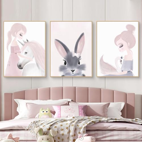 Trayosin Premium 3er Set Poster Kinderzimmer, Kaninchen Mädchen Wandbilder Bilder Boho Babyzimmer Deko Wandposter Wanddeko für Mädchen und Jungen, Ohne Rahmen, Ostern Dekorationen (50x70cm)