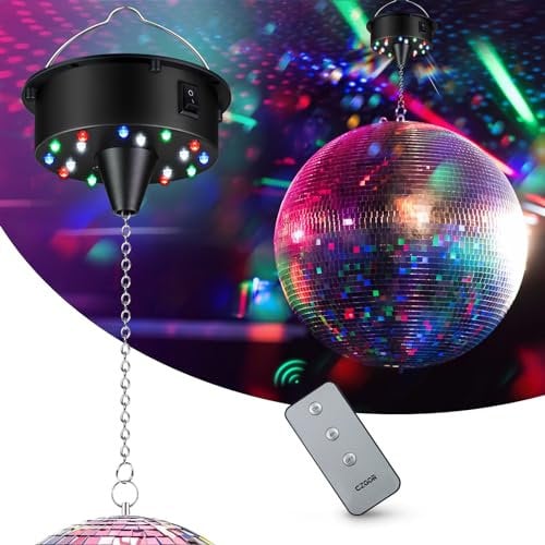 Czgor Mirror Ball Motor with 4 Color LED Lights, 6RPM, Battery Operated, Remote Control, Ceiling Mount, for 6-12 Inch Mirror Ball (Not Included), DJ Party, Night Clubs, Band, Wedding