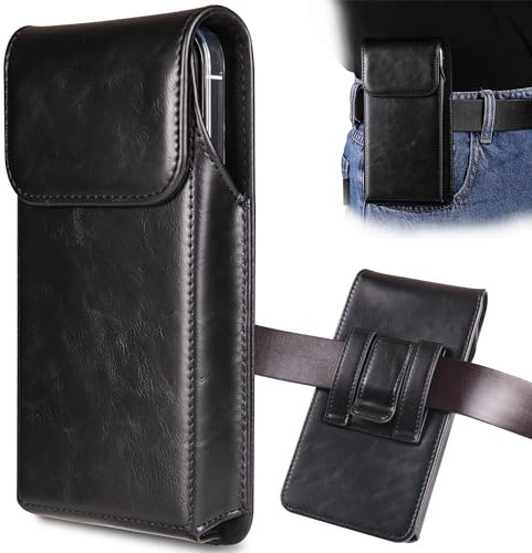 INGIDO Holster for iPhone 16 Pro Max, 15 Pro, 14, 13, 12 Plus - Premium Leather Pouch With Belt Clip Phone Case, Black -L