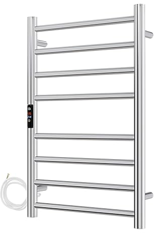 AQUAWORLD Electric Towel Radiator Stainless Steel Grade 304 Towel Warmer for Bathroom with Built-in Timer Wall Mounted Hardwired Heated Towel Drying Rack - 800mm x 500mm (Polished Chrome)