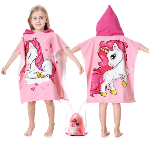 MOKANI Badeponcho Kinder mit Kapuze, Mikrofaser Handtuch Poncho mit Kordelzugbeutel, Weich & SaugfäHig Strandtuch Badetuch Badehandtuch füR MäDchen (Kinderhöhe: 85-110 cm)