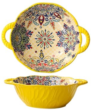 Keramik Suppentasse 1100ml, Schale Bunt Keramik Mit Griffen, Müslischalen Bohemian Stil Salatschüsseln, Bunte Französische Zwiebelsuppen-Schalen Ofenfest, Unregelmäßige Form, Reis, Topfkuchen (Gelb)