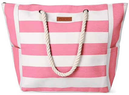 HEYO Strandtasche Damen Große Badetasche mit Reißverschluss Freizeittasche Sommer Tasche Gestreift Shopper Bag Einkaufstasche XXL (Rosa)