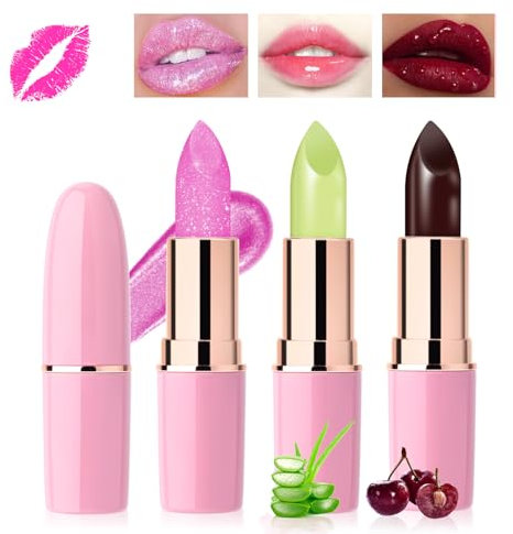 Likesing 3 Stück Glitzer Lippenstift Aloe Vera Rot Set Temperaturempfindlicher Faebverändernder Lipgloss 24 Stunden Halt Lipstick Magic Color Changing Lip Gloss Balm Make up Damen Frauen Geschenk