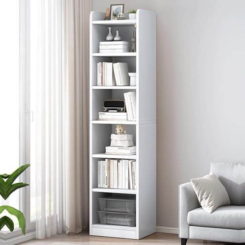 6 Etagen, hohes schmales Bücherregal mit 180 cm Höhe, bodenstehender Aufbewahrungsschrank in weißem Eck-Bücherregal für kleine Räume, Würfel-Medienturm mit Ausstellungsregalen, Organizer