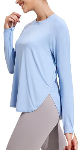 PINSPARK Sportshirt Damen UPF 50+ Sonnenschtuz Sport T-Shirt Funktionsshirt Langarm Laufshirt UV Shirt Leicht Langarmshirt Rundhalsausschnitt Fitness Yoga Tops Rashguard Blau M