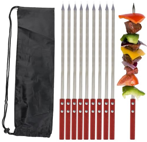 Jadin 10 PCS Brochetas de Barbacoa de Acero Inoxidable, Brochetas de Kebab Planas de 42cm, Mango de Madera Resistentes al Calor, Brochetas para Barbacoa Reutilizables, Accesorios Barbacoa con Bolsa