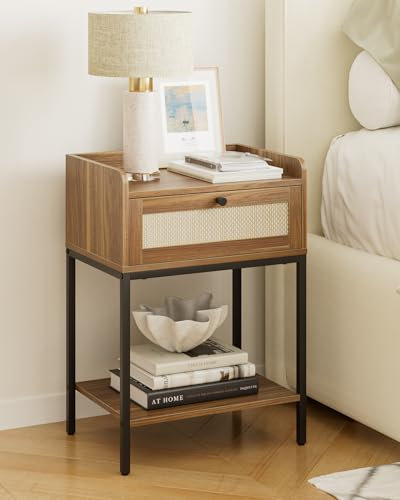 HEYZOEY Rattan Bedside Table, 3-tier Modern Bedside Table with Storage Drawer and Shelf, Small Side Table for Bedroom, Living Room, Walnut Brown