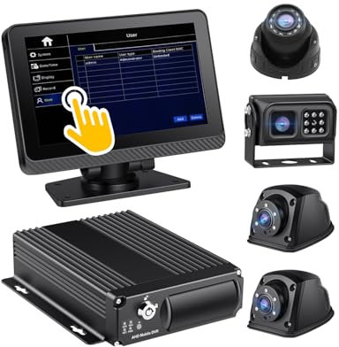 4CH Mobile DVR Monitor Camera System with 7 Quad Split Touch Screen Monitor and 4 pcs 1080P Front Rear Side View Waterproof Night Vision Camera MDVR Loop Recording G-Sensor for RV Truck Trailer